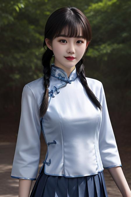 best quality, masterpiece,real,realistic, photo,photorealistic,looking at viewer,upper body,
1girl, xiaofu,school uniform, chinese clothes, cheongsam,shirt,pleated skirt,sleeves past elbows ,
outdoors, nature, 
twintails, long hair, blunt bangs, 
<lora:xiaofu_v3_02:0.6>