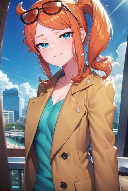 pokemonsonia, <lyco:pokemonsonia-lyco-nochekaiser:1>,
pokemonsonia, aqua eyes, heart, heart hair ornament, long hair, long sleeves, orange hair, side ponytail, swept bangs, <lora:sensualface_type1:1>, smile,
BREAK aqua footwear, aqua nails, aqua shirt, brown coat, brown jacket, coat, collarbone, eyewear on head, jacket, long sleeves, orange-tinted eyewear, pants, ribbed shirt, shirt, sunglasses, tinted eyewear,
BREAK looking at viewer, (upper body:1.2),
BREAK outdoors, city, sky, sun,
BREAK <lyco:GoodHands-beta2:1>, (masterpiece:1.2), best quality, high resolution, unity 8k wallpaper, (illustration:0.8), (beautiful detailed eyes:1.6), extremely detailed face, perfect lighting, extremely detailed CG, (perfect hands, perfect anatomy),