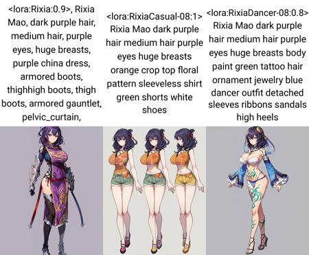 best quality, (masterpiece:1.2), illustration, absurdres,
(1girl), (solo), (beautiful detailed girl), full body,
<lora:Rixia:0.9>, Rixia Mao, dark purple hair, medium hair, purple eyes, huge breasts, purple china dress, armored boots, thighhigh boots, thigh boots, armored gauntlet, pelvic_curtain,
(((simple background)))