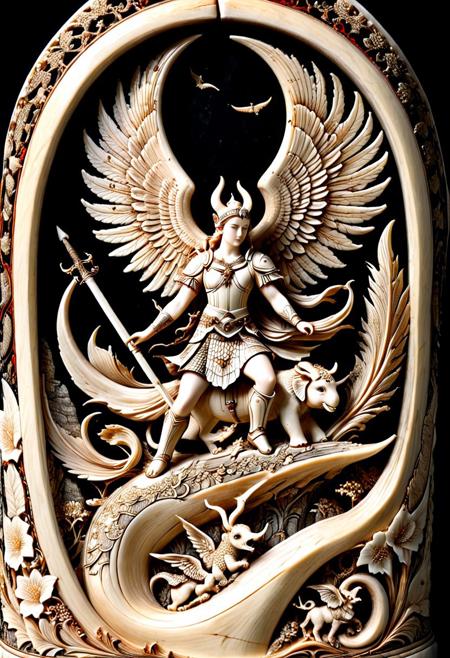 A dramatic scrimshaw scene of an angel and a demon locked in battle atop a mountain of bones, rendered in exquisite black-and-white, each figure is ornately detailed with feathers, scales, wings, and ancient weaponry, carved in traditional scrimshaw fashion onto an elephant tusk silhouette. Contrast between heaven and hell depicted through symbolic engravings serpents, lilies, fire, halos. Inkless high-precision etching effect, master artisan quality, dark baroque aesthetic.