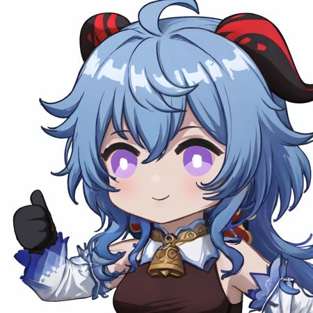 Highly detailed, High Quality, Masterpiece, beautiful, IncrsAprobMeme, <lora:AprobMeme:1>,, Ganyu\(genshin impact\), Ganyu:1.2, bangs, bare shoulders, bell, black gloves, ((blue hair)), chinese knot, detached sleeves, flower knot, gloves, horns, long hair, medium breasts, neck bell, purple eyes, sidelocks, tassel, white sleeves, <lora:Char_GenshinImpact_Ganyu:0.9>