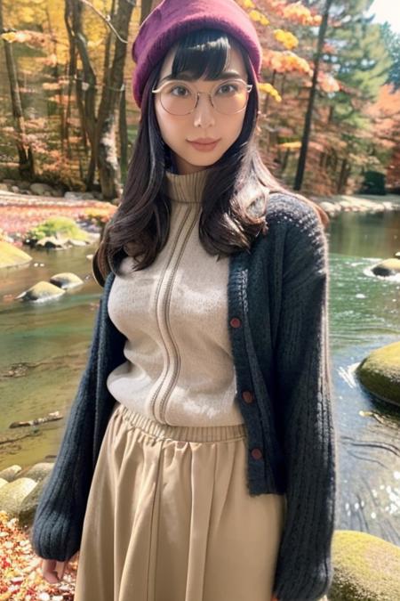 1girl,(wearing a cardigan and long skirt:1.2),(wearing a wooly beret),(RAW photo, best quality), (realistic, photo-realistic:1.4), masterpiece, an extremely delicate and beautiful, extremely detailed, 2k wallpaper, Amazing, finely detail, extremely detailed CG unity 8k wallpaper, ultra-detailed, highres, soft light, beautiful detailed girl, extremely detailed eyes and face, beautiful detailed nose, beautiful detailed eyes,cinematic lighting,(in a beautiful forest of pine trees at a Japanese countryside),(autumn scenery:1.3),(maple trees in autumn),(by a small rocky river),(morning light),perfect anatomy,slender body,smiling, <lora:hashiyasumeatsuko_lora:1>