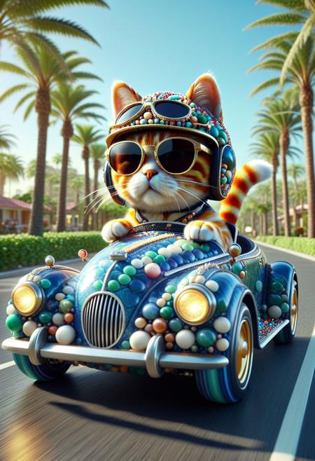(made of marbles:1.3) cute small classic sports car, cat driving on, wear round sunglasses, animal ears helmet, from side, run through in marbles town road, palm trees, closeup shot, cinematic, cinematic lighting, (masterpiece, best quality:1.4), ultra-high res, 4k, insanely detailed, sfw,