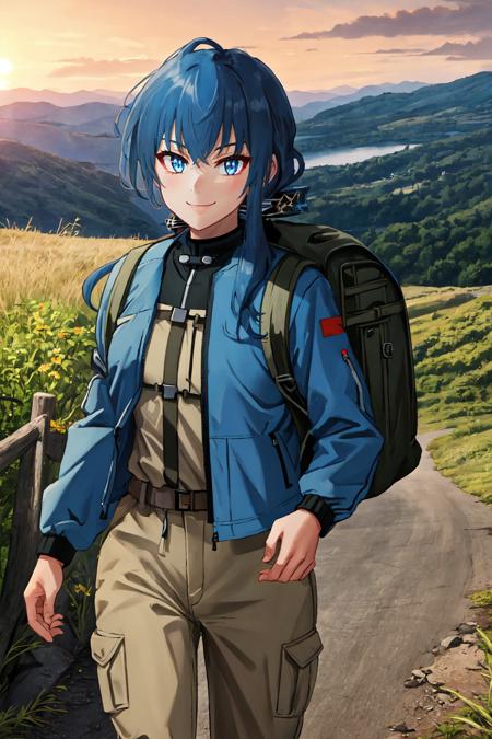 (masterpiece, best quality), outdoors, sunset, cowboy shot, 1girl, solo, NFarionManityro, blue eyes, blue hair, low ponytail, <lora:NFarion_V1-Manityro-prodigy:1>, toned, looking at viewer, smile, mountainside, walking, hiking, hiking jacket, hiking pants, backpack