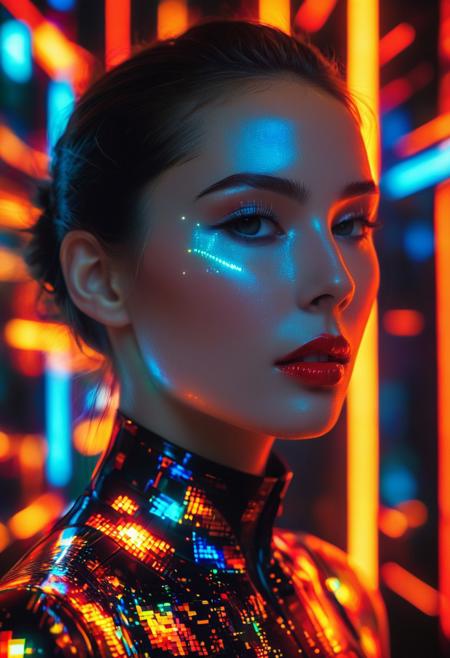 A high-resolution photograph of a woman with a striking, futuristic appearance. Her face and body are covered in a glowing, pixelated pattern of vibrant colors, including red, orange, yellow, green, blue, and white, which creates a mesmerizing, almost holographic effect. The colors are arranged in a complex, abstract design, with some areas of the pattern appearing more densely packed than others. Her skin is smooth and flawless, accentuated by the contrast of the glowing pixels. The woman has a slender build and is wearing a form-fitting, black bodysuit that mirrors the pixelated pattern, seamlessly blending with the light show. Her dark hair is pulled back into a sleek, low bun, and her eyes are strikingly blue, complemented by thick, dark eyelashes. She has full, red lips that stand out against the colorful background. The background is a dark, neutral color, which allows the glowing pixels to be the focal point. The lighting is soft but intense, casting shadows that enhance the depth and dimension of the image. The overall style of the photograph is modern and avant-garde, blending elements of technology and fashion into a visually stunning and thought-provoking composition.