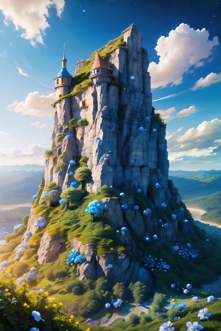 (Realistic:1.5) EdobFairyTaleLandscape, cliff, signature, sunlight, solo, starry sky, blue flower, tree, watermark, building, planet, <lora:EdobFairyTaleLandscape_v1.0:0.8>