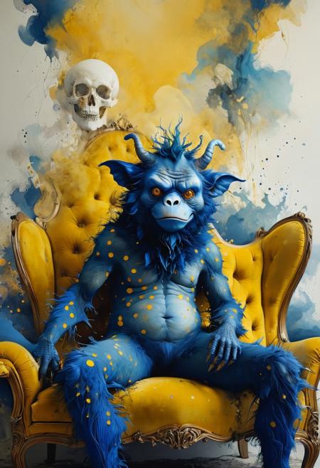 whimsical and comical fluffy monster, wearing a mask, created by Januz Miralles, Ralph Bakshi, Ben Templesmith, and Hieronymous Bosch, sits on a couch. Surrounded by a detailed background, the setting features a blend of black and ultramarine blue hues, with golden yellow dots scattered throughout. The overall detail and vivid colors contribute to the captivating atmosphere of the scene.