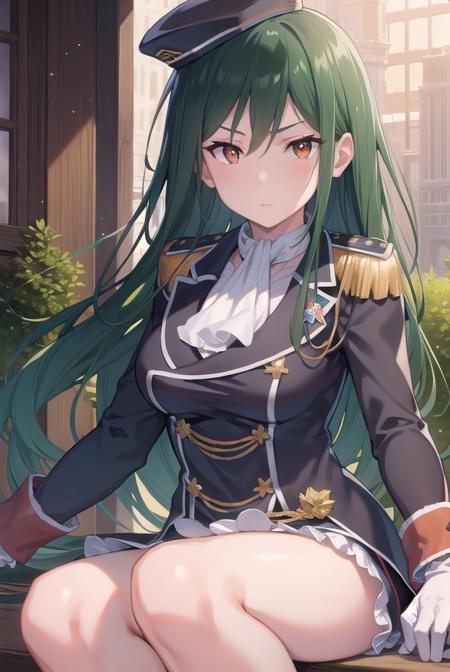 cruschkarsten, <lyco:cruschkarsten-lyco-nochekaiser:1>,
crusch karsten, long hair, hair between eyes, green hair, (brown eyes:1.4),
BREAK gloves, long sleeves, hat, jacket, boots, frills, white gloves, black footwear, uniform, military, ascot, military uniform, armband, epaulettes, white ascot,
BREAK looking at viewer, full body,
BREAK outdoors,
BREAK <lyco:GoodHands-beta2:1>, (masterpiece:1.2), best quality, high resolution, unity 8k wallpaper, (illustration:0.8), (beautiful detailed eyes:1.6), extremely detailed face, perfect lighting, extremely detailed CG, (perfect hands, perfect anatomy),