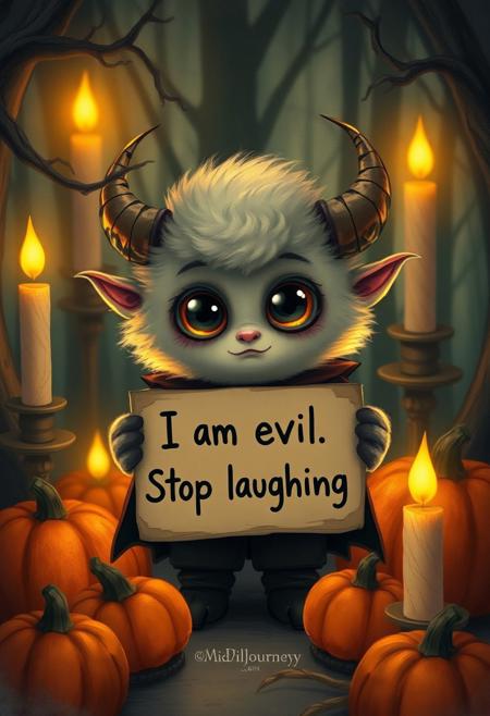 Create an image of a small, fluffy creature with large eyes and horns, holding a sign that says "I am evil. Stop laughing." The creature is surrounded by candles in a dimly lit room, giving off an eerie yet whimsical atmosphere. Make the character cute adorable child-like and dressed in a Halloween costume. Add some pumpkins around the character. Make the pumpkins glow.  the background is a spooky forest.
.
<lora:Dever_Flux_Enhancer:0.5>
<lora:midjourney_whisper_flux_lora_v01:0.65> Midjourney_Whisper
<lora:Midjourney_-_SemiReal_Dreams_FLUX_LoRA:0.65>
<lora:Dreamy_Illustrations_FLUX_LoRA-000001:0.65>