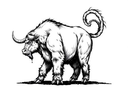 fantasy, ink art, comic style art, bull is standing with four feet, front orangutan's feet has 3 claws, muscular , looking at left