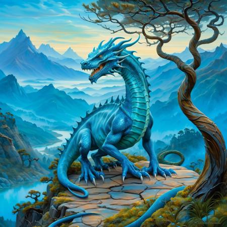 Oil painting, fantasy landscape, strange trees, misty mountains in the back ground, a serpentine dragon in the foreground, blue scales, no wings, detailed, immaculate, epic, illustration