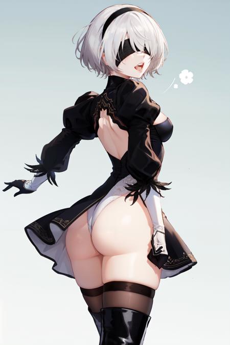 <lora:blushyspicy_style:1> yorha no. 2 type b, <lora:2b:1> 
blushyspicy style, thighhighs, black thighhighs, dress, puffy sleeves, short hair, clothing cutout, mole under mouth, juliet sleeves, white leotard, 1girl, black dress, gloves, feather-trimmed sleeves, blindfold, thigh boots, medium breasts, high heels, high heel boots, thighhighs under boots, open mouth, leotard, solo, black hairband, mole, long sleeves, black blindfold, black footwear, lips, white hair, covered eyes, back cutout, ass, thighs, boots, hairband