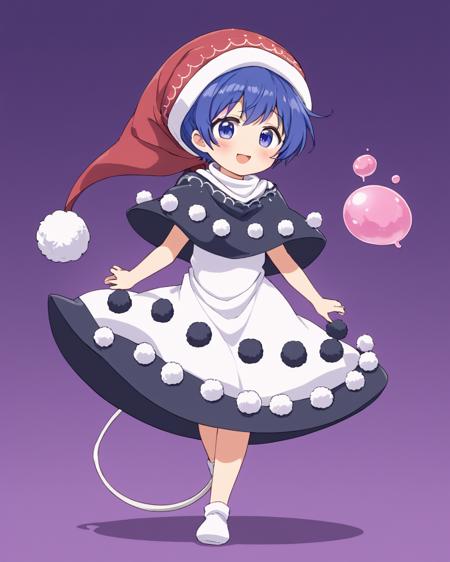 doremy sweet,1girl, solo, red_headwear, pom_pom_\(clothes\), open_mouth, nightcap, signature, tapir_tail, dream_soul, full_body, white_dress, black_capelet, :3, :d, blob, blush_stickers, looking_at_viewer, multicolored_dress
<lora:doremy_sweet_image2053_2023-12-20-000010:1>,star-shaped_pupils,symbol-shaped_pupils,. gorgeous,key visual, vibrant, studio anime,award-winning, professional, highly detailed,high budget, cinemascope