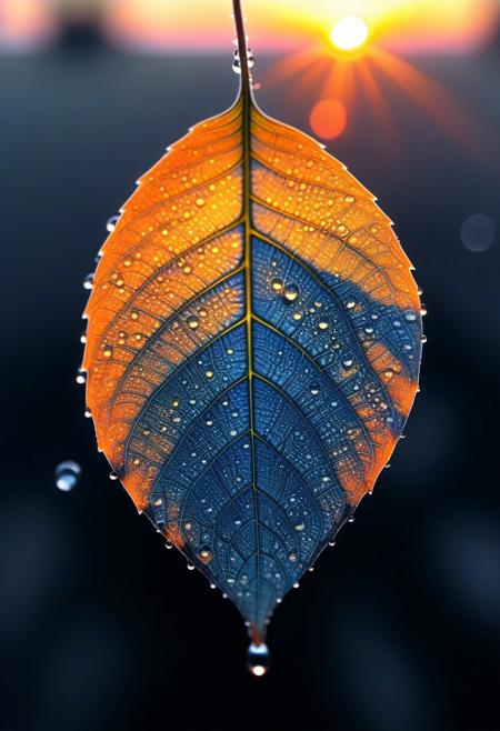 (by Ellen Jewett:1.5), (Bioluminescent Impressionism,  macro photography a large leaf catching the sunlight, making each veins and structure thread of the leave inner strcuture and cells luminous and shinny, droplets of dew iridescent luminous and bright, orange sunset, golden hour, dense mist, monochrome and black shadows, orange light ethereal landscapes, dynamic light, depth of field, biotech emotion:1.3) <lora:xl_more_art-full_v1:0.5> <lora:add-detail-xl:1> <lora:RMSDXL_Creative:2>