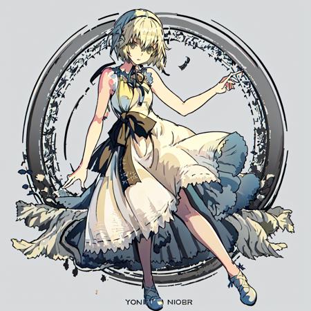 Yonah_Nier, 1girl, solo,short hair, blonde hair, dress, ribbon,shoes, sleeveless, white dress, sleeveless dress,blue eyes