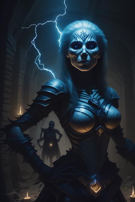fantchar, a powerful skeletal mage woman with lightning crackling around her standing in a dungeon crypt, beautiful, runes, symbols, glowing, realistic, highly detailed, intricate