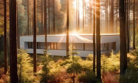 a house in the woods with a sun shining through the trees behind it and a foggy forest behind it, no humans, tree, scenery, outdoors, window, grass, nature, sky, forest, house, building, day, sunlight, bush
<lora:MIRstyle-v10:1>