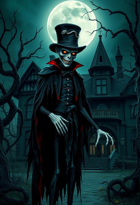 a tall, gaunt figure with long, spindly fingers and toes, clad in tattered, black, Victorian-era inspired attire, complete with a crimson-lined black cape, a top hat adorned with a silver pin shaped like a serpent, and a white, ghostly pallor, with sunken eyes that glow like embers, a twisted, cruel grin spreading across a face with prominent cheekbones and a pointed chin, standing in front of a creepy, abandoned, cobweb-covered mansion, with a full moon hanging low in the dark, foreboding sky, surrounded by twisted, gnarled tree branches that seem to reach out like skeletal fingers.