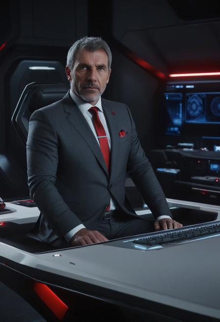 RAW photo, half body shot of a 55yo man, friendly face, short beard, wearing a futuristic  business suite with red accents, sitting behind a futuristic desk, science fiction room, office, star citizen, Cinematic Shot, Cinematic Lighting, Movie Still, high detail, detailed face, 8k