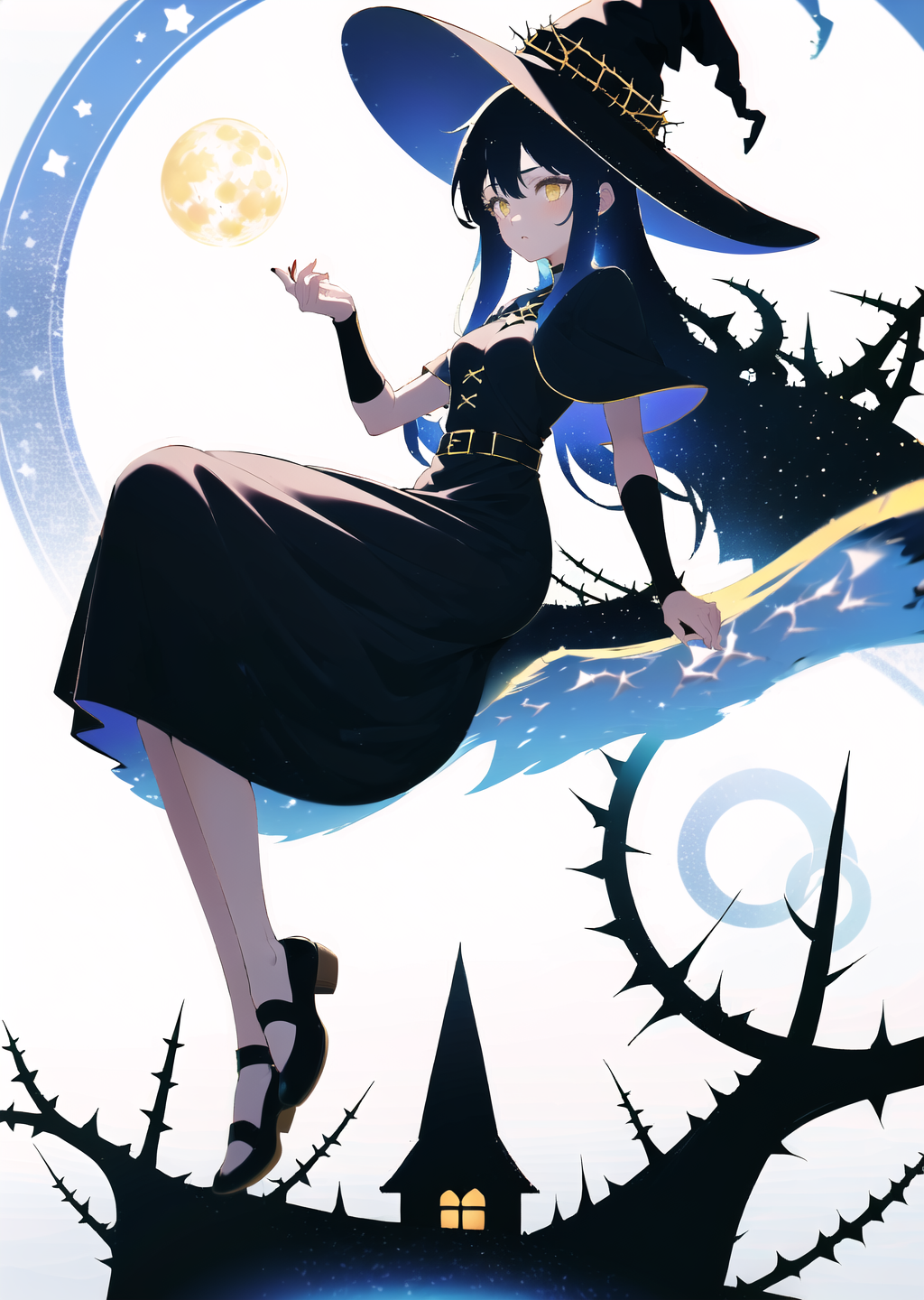1girl, white background  (starry sky,  full moon, thorns:1.5), yellow eyes, book, (absurdly long hair, floating hair:1.4),...