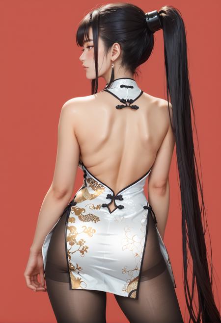 ruanyi0608,bare shoulders,black pantyhose,china dress,cleavage,side slit,white dress,