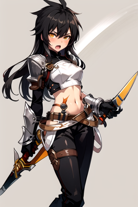 <lora:RavenV2-10:0.7> , ravenc, 1girl, solo, long hair, blush, open mouth, black hair, navel, yellow eyes, weapon, midriff, belt, pants, sword, armor, scar, spiked hair, genderswap, genderswap (mtf)