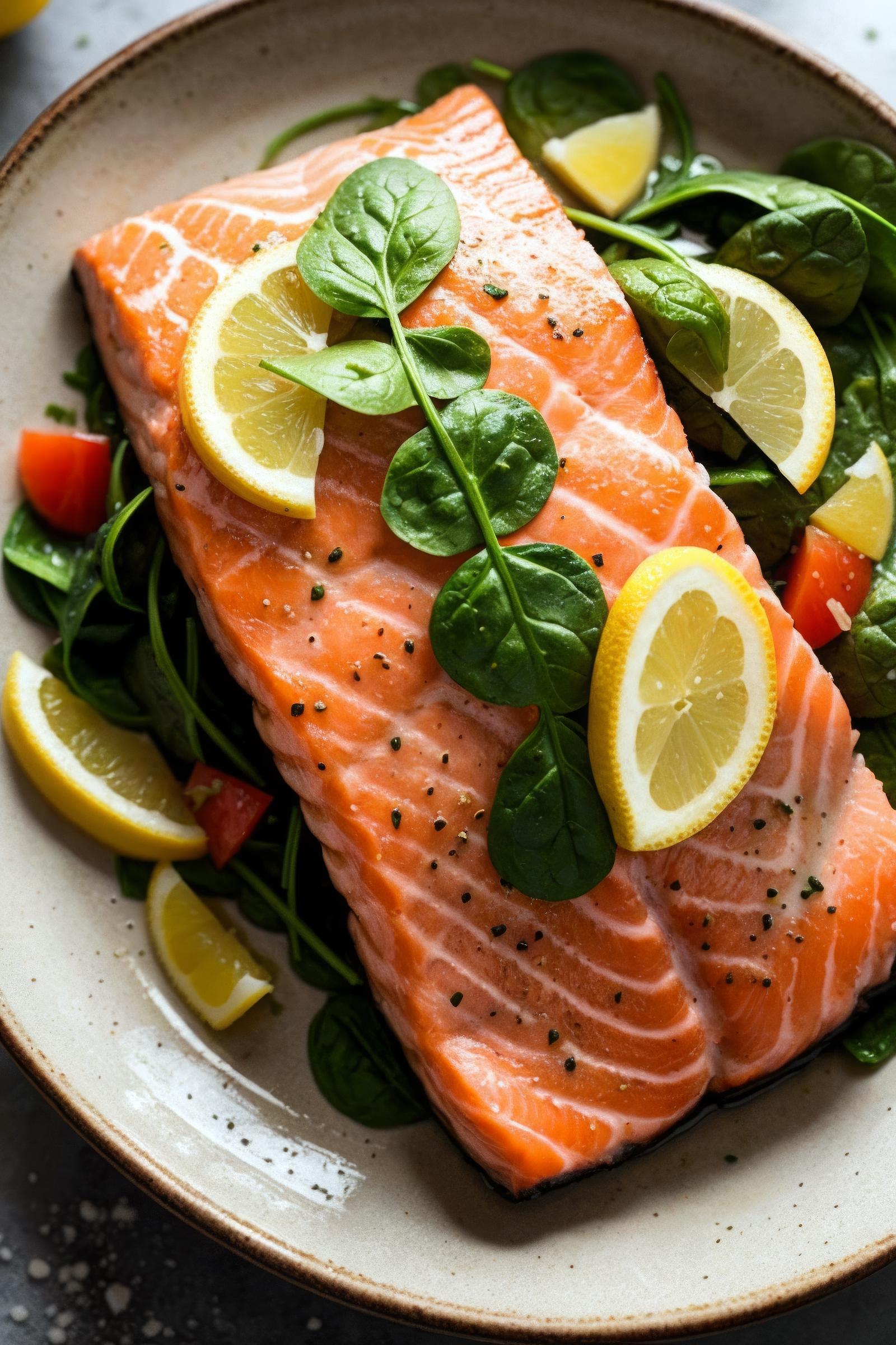 A close-up of a grilled salmon dish with lemon and herbs.