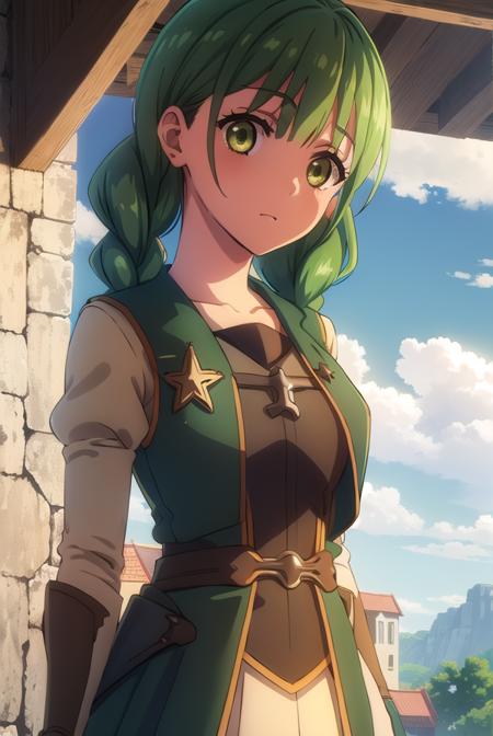 rishiaivyred, <lora:rishia ivyred s3-lora-nochekaiser:1>,
rishia ivyred, long hair, bow, (green eyes:1.3), braid, hair bow, green hair, twin braids,
BREAK gloves, dress, brown gloves, green dress, skirt, white skirt, puffy sleeves,
BREAK outdoors, forest, nature, sun, sky, trees, clouds, grass,
BREAK looking at viewer, (cowboy shot:1.5),
BREAK <lyco:GoodHands-beta2:1>, (masterpiece:1.2), best quality, high resolution, unity 8k wallpaper, (illustration:0.8), (beautiful detailed eyes:1.6), extremely detailed face, perfect lighting, extremely detailed CG, (perfect hands, perfect anatomy),