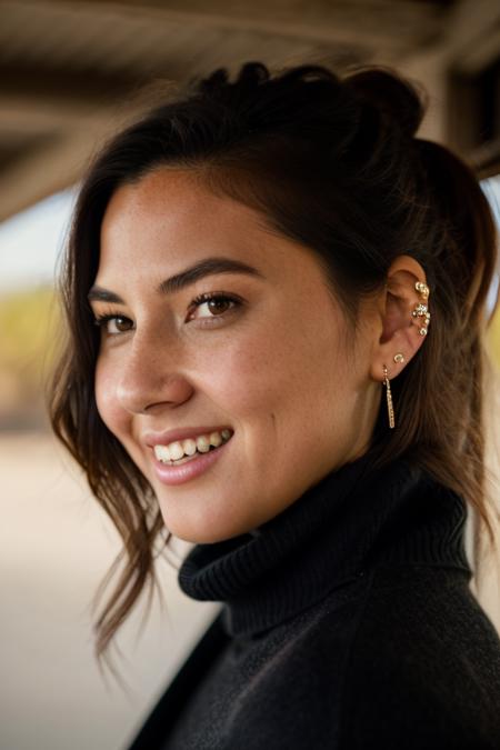 <lora:0l1v14m:1>, Realistic photo of a beautiful 0l1v14m woman, 1girl, solo, long hair, breasts, looking at viewer, smile, skirt, brown hair, black hair, long sleeves, brown eyes, jewelry, earrings, teeth, grin, sweater, lips, turtleneck, ring, freckles, realistic, soft lighting, professional Photography, Photorealistic, detailed, RAW, analog, sharp focus, 8k, HD, DSLR, high quality, Fujifilm XT3, film grain, award winning, masterpiece