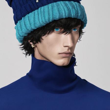 <lora:balenciaga:1>, balenciaga, photo \(medium\), aqua eyes, fingerless gloves, gloves, hand on hat, hat, male, microphone, solo, star