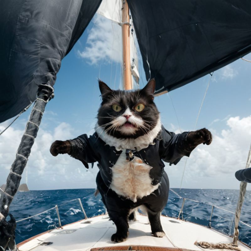 A cat wearing a sailor's outfit stands on a sailboat.