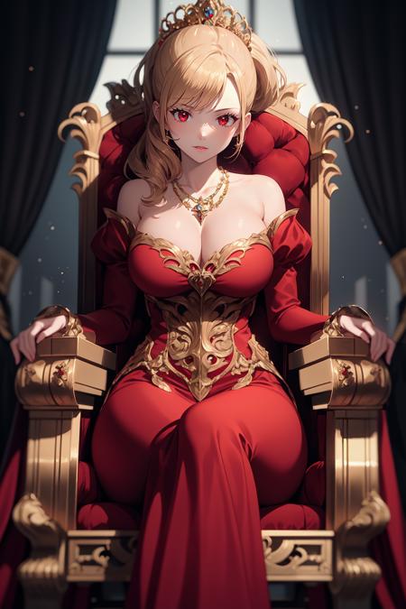 1girl, solo, mature, mature female,

blonde hair, high ponytail, hair intakes, tiara,

red eyes, long eyelashes, thick eyelashes, looking at viewer,

red dress, juliet sleeves, long sleeves, collarbone, cleavage, necklace, ornate dress

sitting, throne, throne room, gold throne,

indoors, (renaissance:1.2), vintage, red curtains, window,