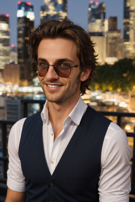 Simon Petrikov, solo, tan, tanned skin male, (russian heritage, mexican heritage), looking at viewer, smile, short hair, blue eyes, brown hair, shirt, 1boy, white shirt, upper body, male focus, collared shirt, blurry, vest, blurry background, sunglasses, sleeves rolled up, black vest, city, realistic, cityscape, tinted eyewear, city lights, looking over eyewear, <lora:SimonPetrikov-000009:0.4>