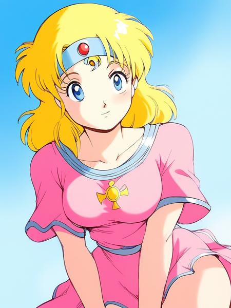 Sister_Ultima_Exodus, blonde hair, 1990s (style), blue eyes, medium hair, headband, circlet, breasts, pink dress, pink skirt, blue line,