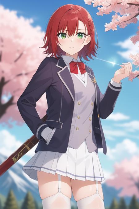 masterpiece, best quality,1girl,solo,amyu,red hair, medium hair,green eyes,side braid,hair between eyes,school uniform,blue open jacket,gery vest,long sleeves,red bowtie,miniskirt,white pleated skirt, garter straps,white thighhighs,<lora:amyu:0.6>,outdoors, weapon,mountain, cherry blossoms, lens flare, 
