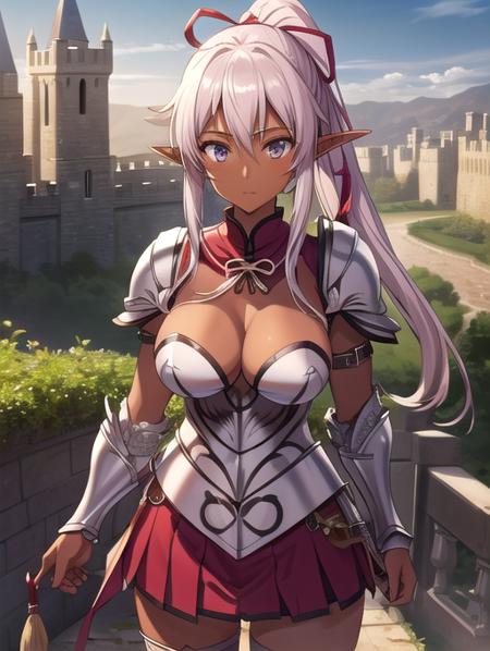 best quality, masterpiece, highres, detailed, perfect anatomy,  <lora:Detail - add_detail:0.2>, AishaU, armor, castle, breastplate, skirt , <lora:AishaU-10:0.8>, dark skin, elf, ponytail, ribbon,