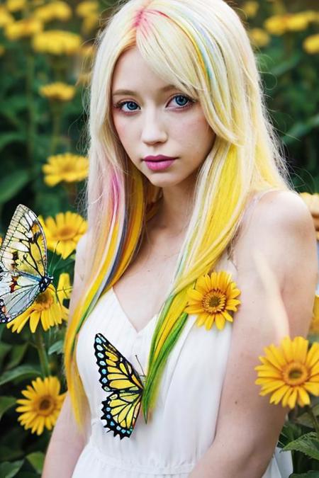blond lady solo, long_multi colored hair, bare_shoulders, open _eyes, upper_body, flowers, parted_lips, sleeveless,white_dress,  butterfly, nose, yellow_colorful butterfly,