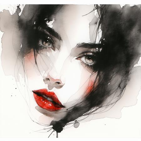 Ink art, watercolour, charcoal, realistic style. Petulant ingénue, sultry pout, teasing gaze directly challenging viewer. Intimate extreme close-up on expressive eyes, lips. Smudged charcoal background. Artistry evokes Egon Schiele's raw linework, Arthur Rackham's delicate watercolour washes. Soft directional light creates subtle chiaroscuro. Desaturated earth tones, stark black ink, muted crimson lips. Velvety charcoal smudges, translucent watercolour bleeds, matte paper. Playful defiance, intimate provocation: wisps of stray hair, knowing glint in her eyes.