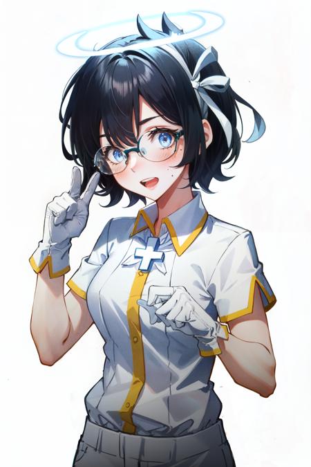 <lora:azazel:1>azazel(helltaker), hands up, 1girl, open mouth, solo, white shirt, bandages, mole, angel, halo, blue eyes, white gloves, white pants, cross, shirt, bandaged arm, single glove,gradient background, collared shirt, black hair, short sleeves, short hair, blush, mole under eye, looking at viewer, pants, full-face blush, gloves ,glasses,