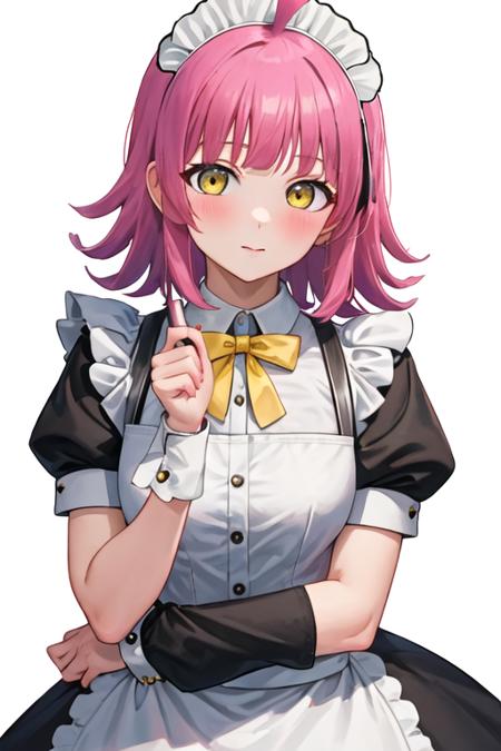 tennouji_rina_loveliveschoolidolfestivalallstars pink_hair, bangs, ahoge, blunt_bangs, yellow_eyes, short_hair, blush, blunt_ends