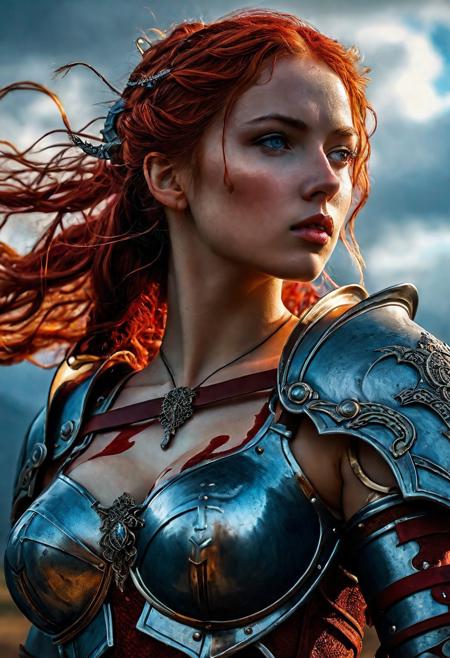 High resolution ultra-realistic of Beautiful Warrior girl, Fantasy style, 8k, capturing the intensity of the moment, dramatic lighting, standing on a bloody and stormy battlefield in a fighting pose, fire, intricately designed shining iron armor, red mini skirt, perfect athletic figure, beautiful Warrior girl, fire, dirty face, ultra realistic, cinematic style, athletic figure, Firm sinewy female body, dark fantasy, covered in dirty and blood, cinematic colors Lighting, extremely detailed, 8K, wavy red hair, realistic dirty bloody pale face, realistic blue eyes, beautiful Warrior girl on in cool iron armor, hyper-detailed, hyper-realistic, bright colours, Attractive 21 old years girl, Attractive, beautiful firm Breasts, sharp focus, digital painting, Photograph Taken on Nikon D750, Alphonse Mucha, 8K, athletic figure, Hyperdetailed, hyperrealism, Attractive, Attractive bust girl, asymmetric balance