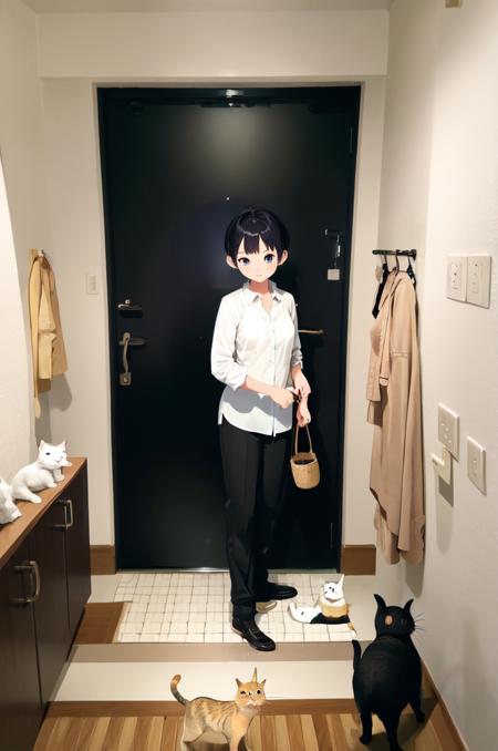 masterpiece, best quality, ultra-detailed, illustration,
genkan, JMG2, door, indoors, scenery, 1girl, tiles, cat, female focus, shirt, pants, tile floor, white shirt, solo, black hair, basket, standing, short hair, window, wide shot, shoes, clothes hanger, animal,
 <lora:JMG:1>