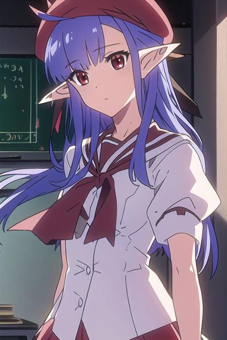 shufflenerine, <lyco:nerine-LYCORIStest:1>,
nerine, long hair, blue hair, pointy ears, (red eyes:1.5),
BREAK skirt, hat, school uniform, short sleeves, socks, puffy sleeves, puffy short sleeves, beret,
BREAK looking at viewer,
BREAK indoors, classroom, 
BREAK <lora:GoodHands-vanilla:1>, (masterpiece:1.2), best quality, high resolution, unity 8k wallpaper, (illustration:0.8), (beautiful detailed eyes:1.6), extremely detailed face, perfect lighting, extremely detailed CG, (perfect hands, perfect anatomy),