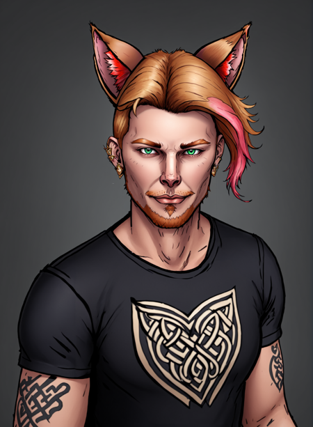 (masterpiece, best quality, ultra-detailed, highres, best illustration), perfect face, ((solo, solo focus)), sidelighting, lustrous skin, (bloom), (shine), ray tracing, Odin Nathaniel Ellis, celtic osenayan catboy, age mid 30s, tattoos, faux hawk, strawberry blonde hair, attractive male, cat ears, animal ears, animal ear fluff, beard, american, stubble, slender, slightly nerdy, very dad like, full body,  a CANON EOS MARK IV, semi realistic, wide shot, 4 point perspective, vantage point, LUT like a movie