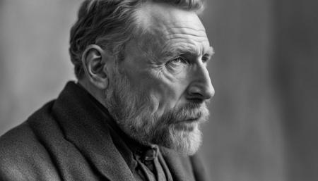 NurLens photography, \n\na dark, monochrome, glass negative, silver gelatine realistic, supersharp, supersharp, realistic, photographic daguerrotpye portrait of vincent van gogh, shallow depth of field,  ((best quality)),((masterpiece)),((detailed)) 