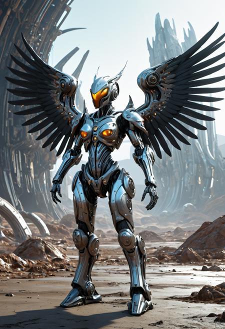 A biopunk cyborg mechsuit with scifi bird wings. A merge of a mylittlepony and elf princess. Full length image. Background is alien landscape on an alien planet. <lora:EpicF4nta5yXL:0.35> . award-winning, professional, highly detailed . extremely high-resolution details, photographic, realism pushed to extreme, fine texture, incredibly lifelike, high contrast, well defined, <lora:Zariman_PONY:1>