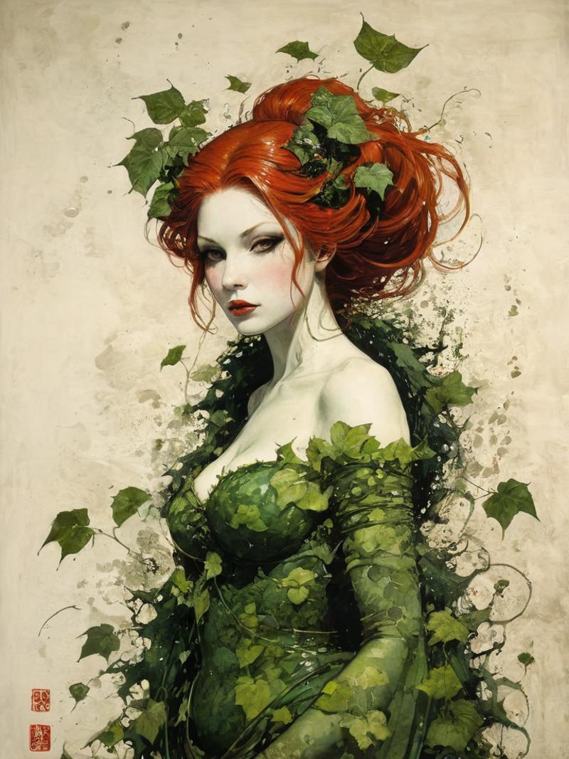 Woman with red hair wearing a green dress with vines and leaves around her.