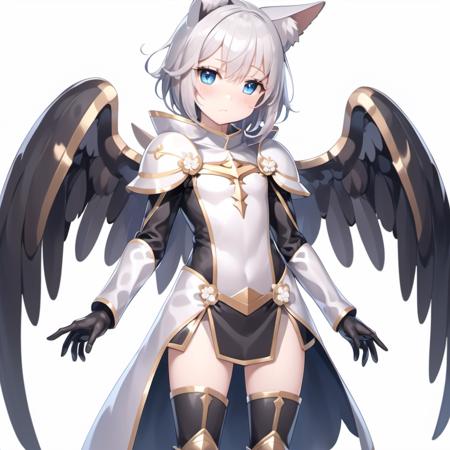 1girl, gloves, wings, armor, white dress, white gloves, standing, high knee, elbow gloves, smile, full body, boots, bare shoulders, hair ornament, armored boots, white flower