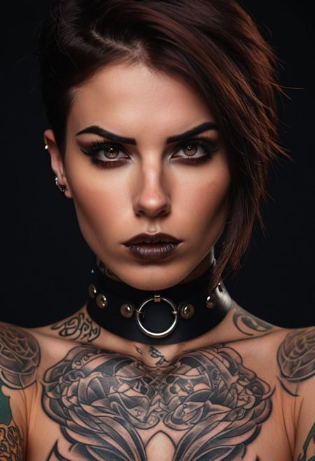 A striking close-up portrait of a tattooed man with a captivating, 
intense gaze. Her dark, 
chestnut hair cascades around her face, 
accentuating her expressive eyes, 
well-defined eyebrows, 
and full lips. The warm, 
smooth skin of her face contrasts with the dark background, 
creating a dramatic and mysterious effect. Intricate tattoos adorn her arms and chest, 
adding to her bold and edgy appearance. A sleek black leather choker with metal elements encircles her neck, 
highlighting her strong facial features. The directional lighting accentuates her facial expressions and the gleam in her eyes, 
while the glamour photography style captures her allure. The overall composition embodies alternative aesthetics, 
making this an unforgettable and mesmerizing image.