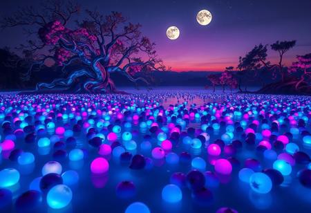 An otherworldly lake completely transformed into a sea of luminous, glowing berries, each one emitting a soft, magical light. The berries—ranging from vivid neon blues, radiant pinks, and deep purples—float like stars on the lake's surface, creating an ethereal, glowing mosaic. The water beneath shimmers with a bioluminescent glow, as though the lake itself is alive. In the background, surreal trees with twisting, glowing vines and oversized leaves stretch toward a twilight sky, where two moons hang low, casting an otherworldly light over the scene. The air sparkles with tiny, floating orbs, adding a mystical, dreamlike quality to the landscape